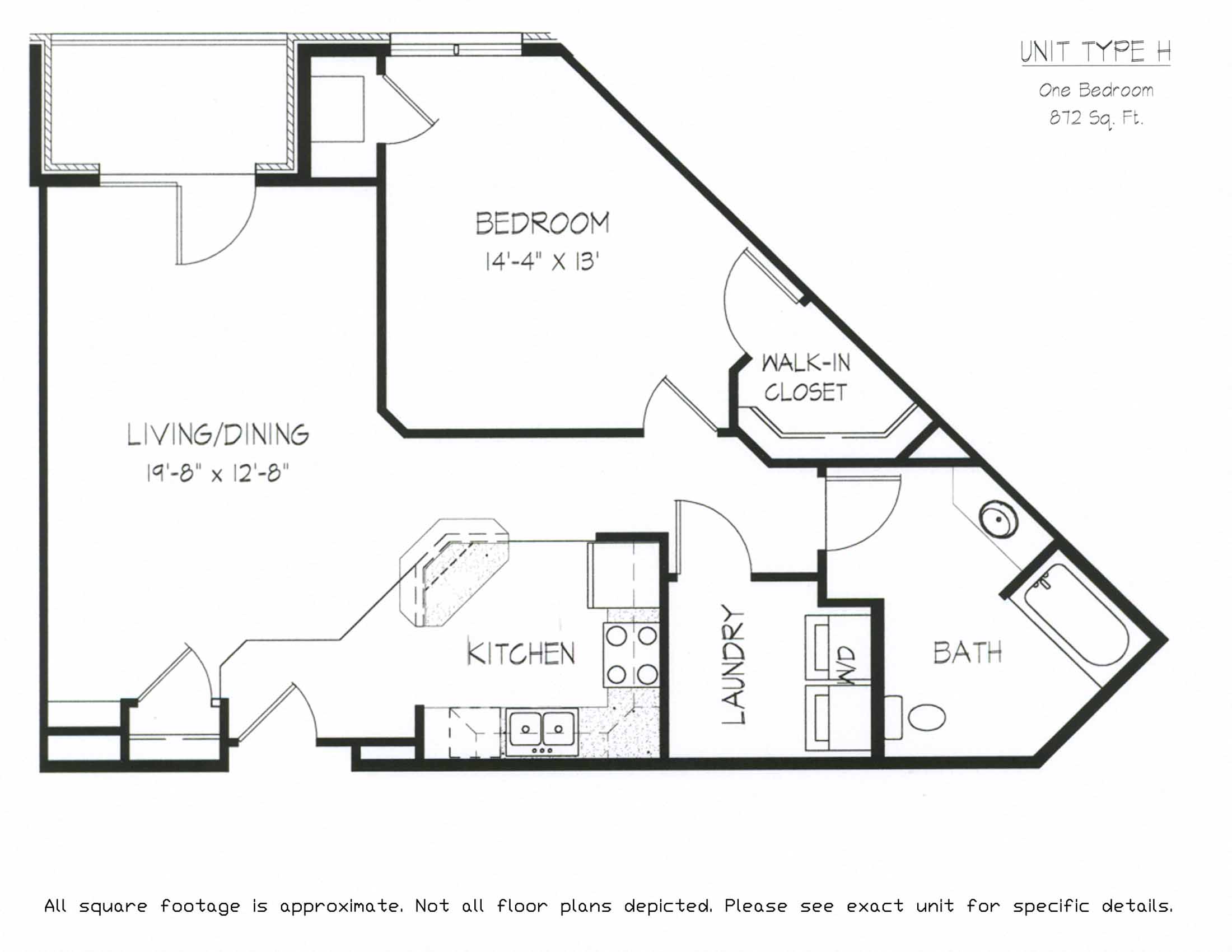 Floor plan for 1 bed, 1 bath, 872 sqft
